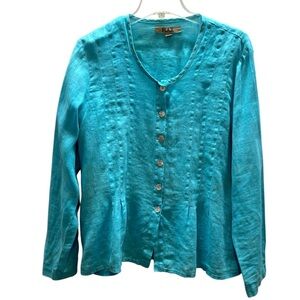 Flax 100% Linen Pleat Front Long Sleeve Lagonlook Blouse Top Small